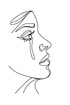 Elegant Line Art Womans Face, Crying, Single Line Drawing, Minimalist Portrait, Modern Art, Abstract vector
