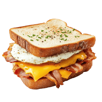 Delicious sandwich featuring crispy bacon, melted cheese, and a sunny-side up egg nestled between two slices of bread, Sandwich with bacon, cheese and egg on a Transparent background, png