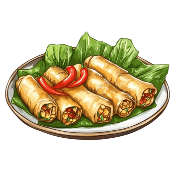 Crispy spring rolls served on a bed of fresh greens alongside red chili peppers, Spring rolls food in a plateisolated on Transparent background png