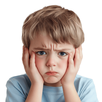 Boy looks sad and distressed with hands on his face, expressing feelings of sickness or emotional troubles, sad kid boy in a bad mood or sick and has problems, file of isolated object on White png