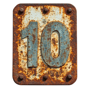Weathered rusty sign showing the number ten against a faded Transparent background, rusty old sign with the number ten on it, background png