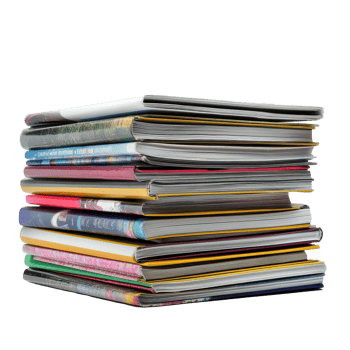 Stack of colorful magazines displayed against a clean Transparent background highlighting diverse content styles, Stack magazines on background png