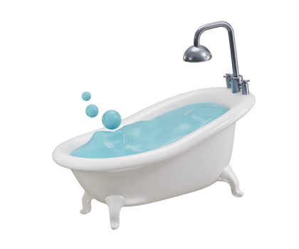 Bathtub with soap bubbles 3d render concept of Furniture and hotel shower bathroom interior illustration png