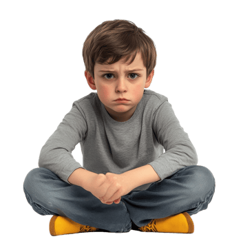 Sad boy expressing frustration while sitting on the floor in casual clothing, showing signs of feeling unwell, sad kid boy in a bad mood or sick and has problems, file of isolated object on White png