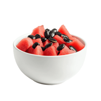 Fresh watermelon seeds and juicy chunks in a white bowl isolated on bright background, watermelon seed in white bowl isolated on Transparent background png
