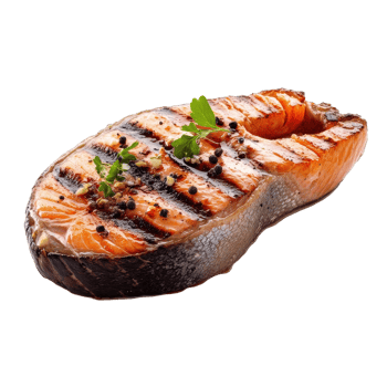Grilled salmon steak with charred lines on a Transparent background showcasing its rich colors and texture, Salmon grilled roast steak isolated on png