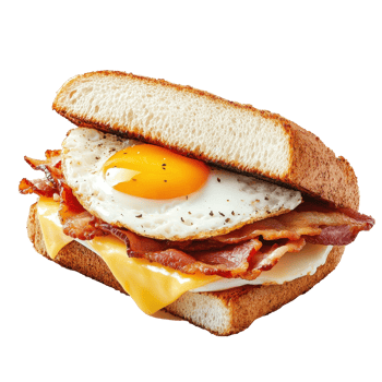 Delicious breakfast sandwich with bacon, cheese, and egg on toasted bread isolated on Transparent background, Sandwich with bacon, cheese and egg isolated on png