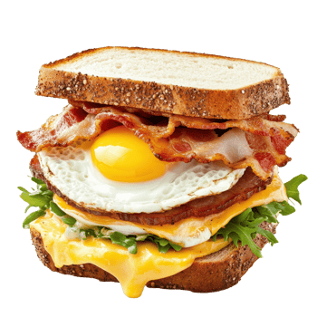 Bacon, cheese, and egg sandwich served on whole grain bread with fresh greens and a sunny-side-up egg, Sandwich with bacon, cheese and egg on a Transparent background, background png