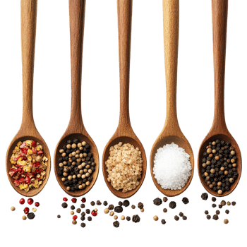 Various spices and salts displayed in wooden spoons arranged on a Transparent background, spoons with different pepper and salt isolated on white, top view with png