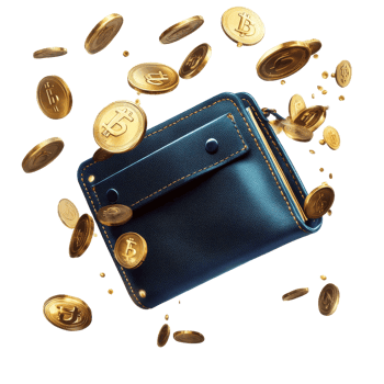 Collection of golden coins flying around a blue wallet on a Transparent background, background a blue wallet with flying golden coins on a transparent background png