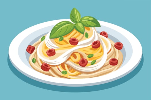 Delicious pasta dish with creamy sauce and fresh basil. vector