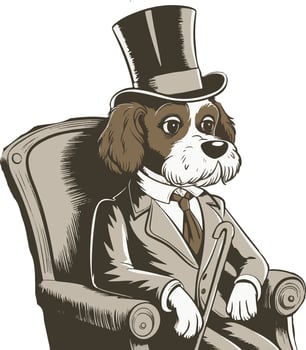 Elegant Dog in Victorian Attire Sitting on a Chair - Vintage Illustration vector