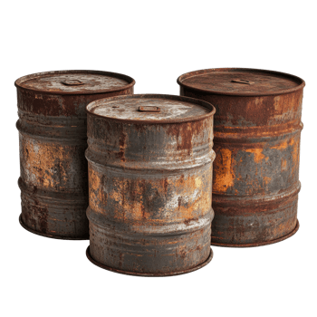 Rusty old metal barrels sit isolated on a Transparent background highlighting their aged texture and wear, rusty old metal barrels isolated on png