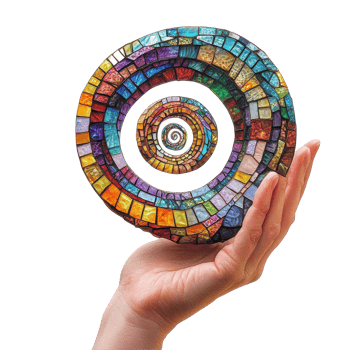 Vivid mosaic art showcases hand holding a colorful spiral sculpture in bright light, Vivid Mosaic Art Hand Holding a Colorful SpiralShaped Structure Swirling Patterns, Transparent background png