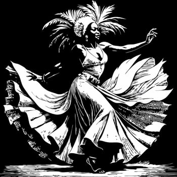 Woman in a flowing dress dancing gracefully with feathers in her hair vector