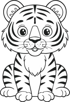 Cute Tiger Cat Coloring Kid Book Page in Black White. Monochrome and Colored Samples vector