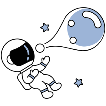 Astronaut floating with a thought bubble and stars in a whimsical style. png