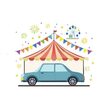 car parked at a carnival with colorful lights in the background. vector