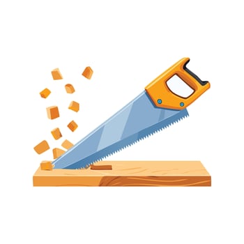 Wood chips flying as a saw cuts through wood vector