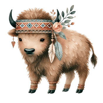 A cartoon bison wearing a feather headdress png