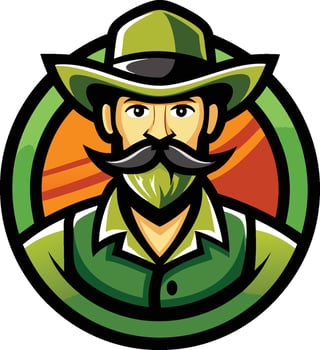 Logo design, cowboy mascot, handlebar mustache, green beard, green and yellow hat, circular emblem, vibrant colors vector