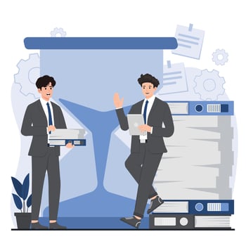Time management concept. Businessman with briefcase and hourglass. illustration in flat style vector