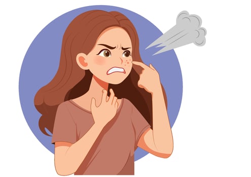 Flat illustration. Young woman angry at pimples on her face. make her irritated vector