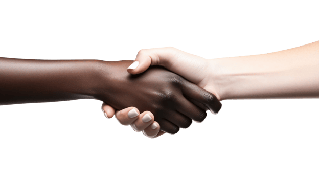 Two black and white skin businesswomen shaking hands isolated on transparent background png