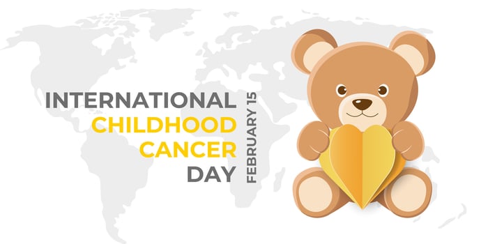 Childhood Cancer Day Illustration. Banner with Teddy Bear, 3D Heart and World Map for International Childhood Cancer Day, Celebrated on February 15. Poster with Golden Bow and Modern, trendy Text. vector