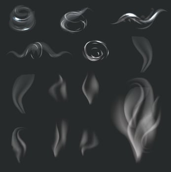 Candle smoke, vapor or mist from blowing out flames from wick. realistic smoky cloud or gaze effects, small puff or fume swirls, isolated on background vector