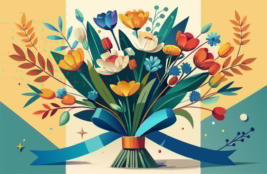 A bouquet of flowers with a ribbon on a yellow background vector
