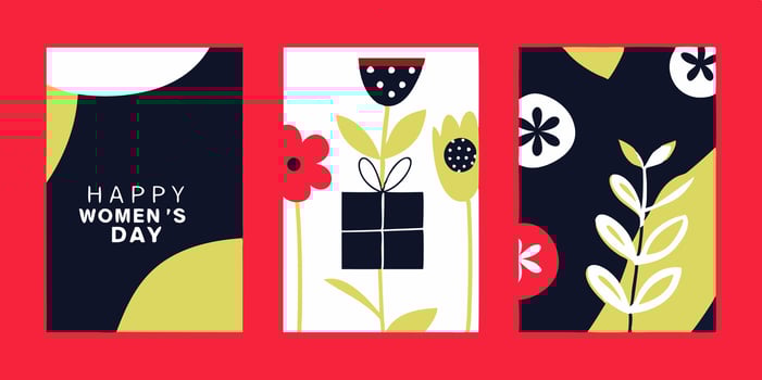 Happy women's day greeting cards with flowers and gift boxes vector