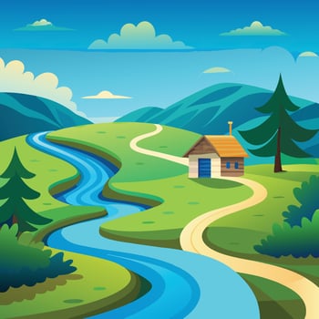 a cartoon landscape with a house and a river vector