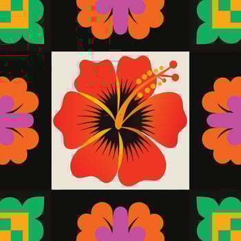 a pattern with a red hibiscus flower on a black background vector