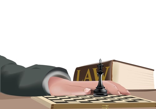 Lawyer making a strategic move on a chessboard with law book vector