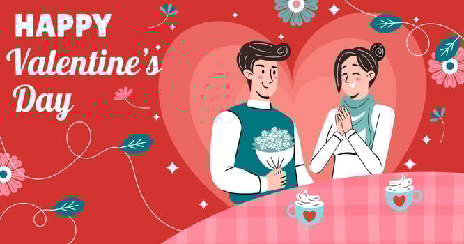 Hand drawn cartoon style couple characters sitting and drinking coffee together at the table. People talking each other. Love talk on the first date. Happy Valentine's Day. vector