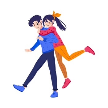 Couple of happy young man and woman hugging. joyful teen boyfriend and girlfriend embracing. Flat cartoon illustration vector