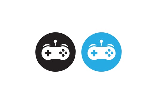 Two game controllers are shown in a black and blue color vector