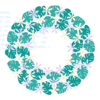 Abstract tropical flowers and Monstera leaves Circular Frame border Exotic Plant Copy space Template. Isolated illustration Thematic cards, poster, leaflet, price tag, label or web promo banner vector