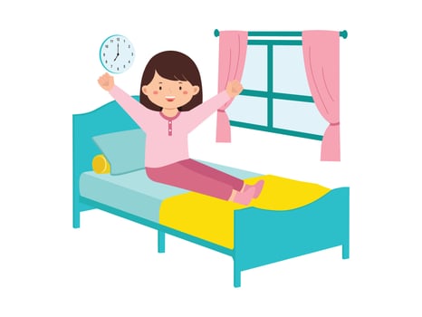 Illustration Cheerful Girl Waking Up In Bedroom vector