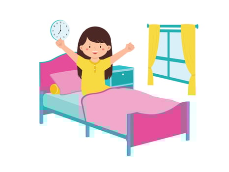 Cheerful Girl Waking Up In Bedroom vector