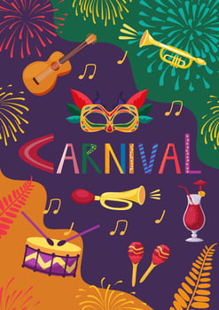 Carnival party flyer. Design for Brazil Carnival. Decorative abstract illustration with mask, guitar, trumpet, drum, maracas and fireworks. Music festival poster. vector