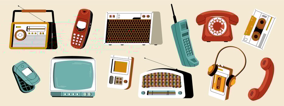 Retro gadgets. Vintage 90s hipster technology stickers, cartoon old analog gadget collection, electronics devices and game machines. colorful gadgets set vector