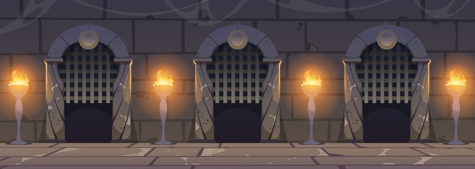Castle dungeon wall. Cartoon medieval background with brick stone wall, arch doorway and burning torches, ancient palace archway interior background. illustration vector