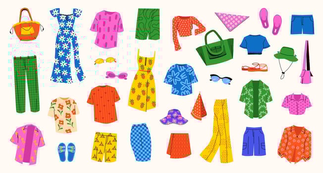 Summer female clothing. Woman fashionable apparel and dress, bikini swimsuit beach accessories and clothes, trendy summer garments. cloth set vector