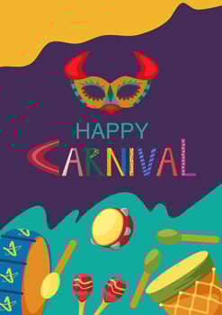 Carnival party flyer. Design for Mardi Gras. Decorative abstract illustration with bull mask and musical instruments. Drums and maracas on a bright background. Music festival poster. vector