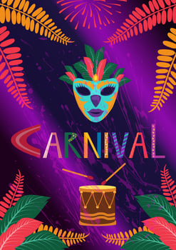 Bright carnival party flyer. Design for Mardi Gras. Decorative abstract illustration with carnival mask and drum on a lilac background. Music festival poster. vector