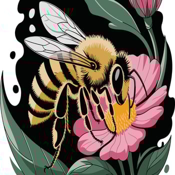 A bee on a pink flower with leaves vector