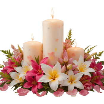 Elegant Candle Centerpiece Tropical Flowers Plumeria Lilies Soft Glow Romantic Atmosphere Wedding Decor Spa Ambiance Floral Arrangement png