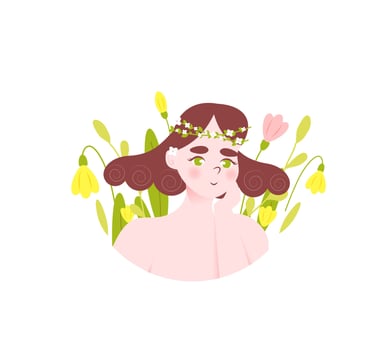 Beautiful young girl surrounded by flowers in circle frame. Hand drawn flat cartoon character isolated on white background. Concept of wellness, self love, acceptance vector